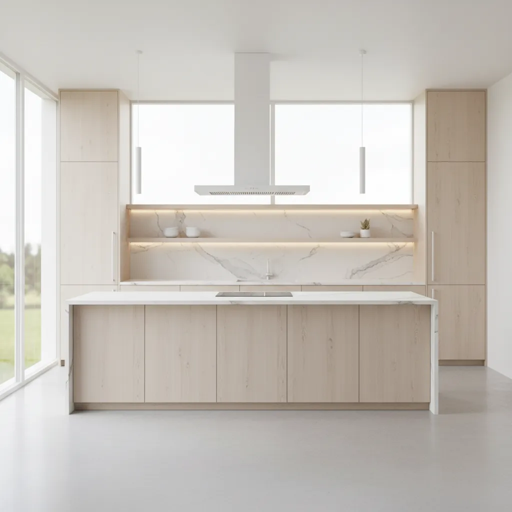 White oak kitchen cabinets with warm white quartz countertop and natural light