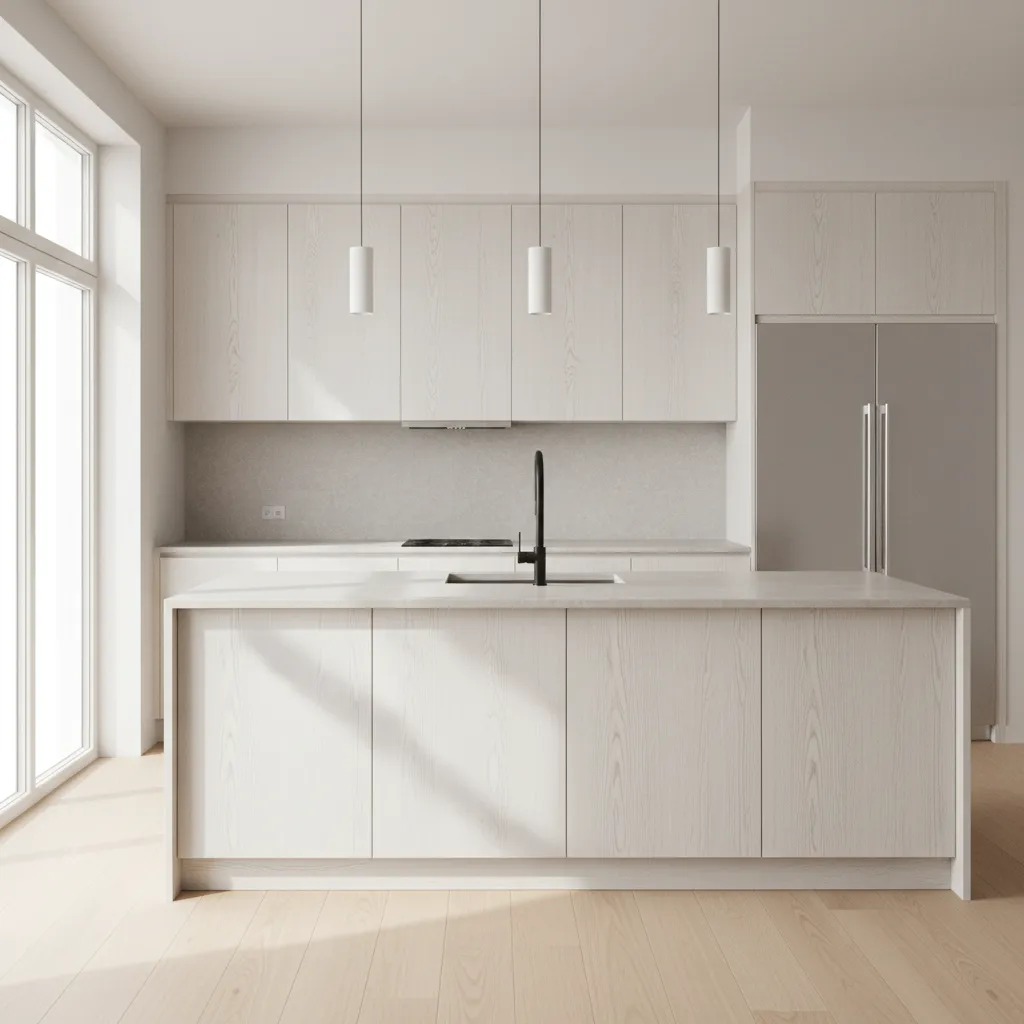 White oak kitchen cabinets illuminated by natural daylight from large windows