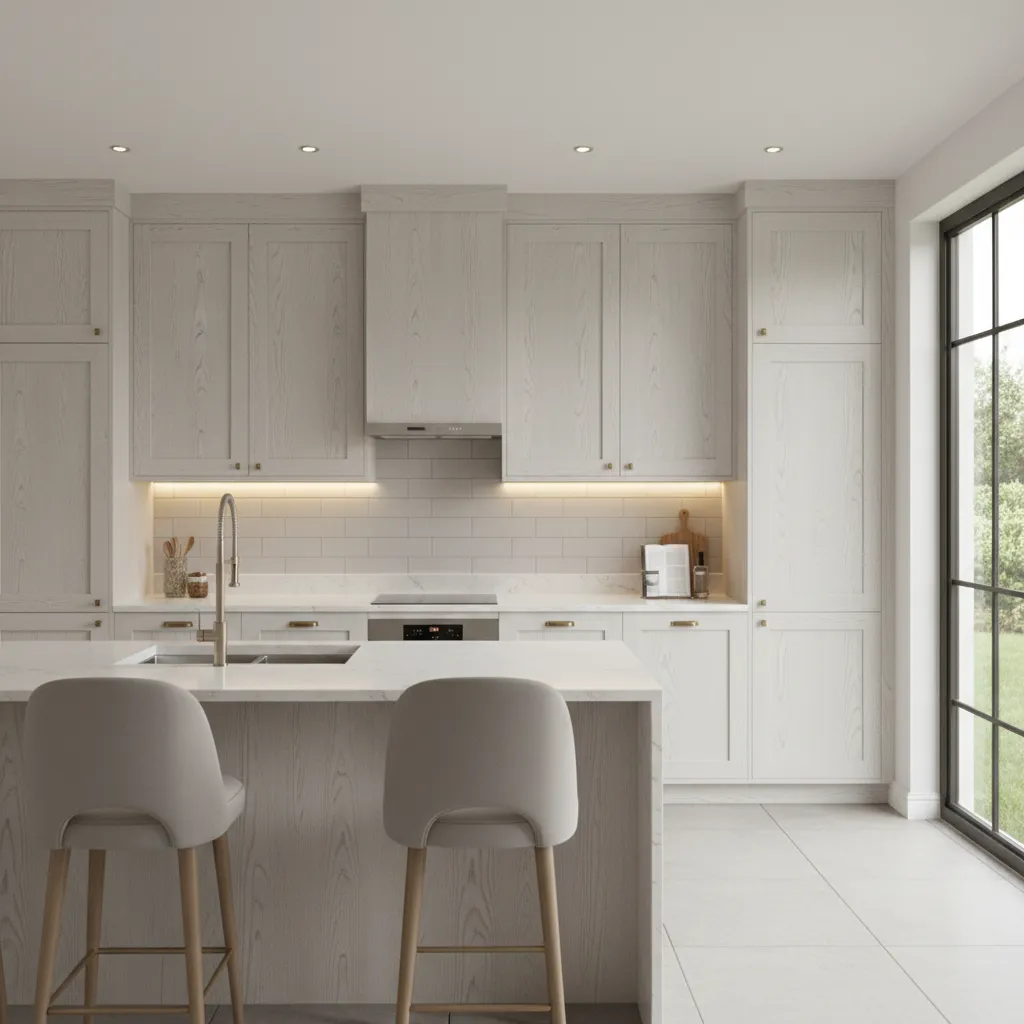 white oak kitchen cabinets with under cabinet lighting highlighting wood grain