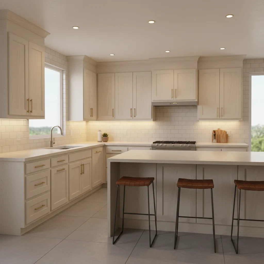 white oak kitchen cabinets appearing overly yellow under warm lighting