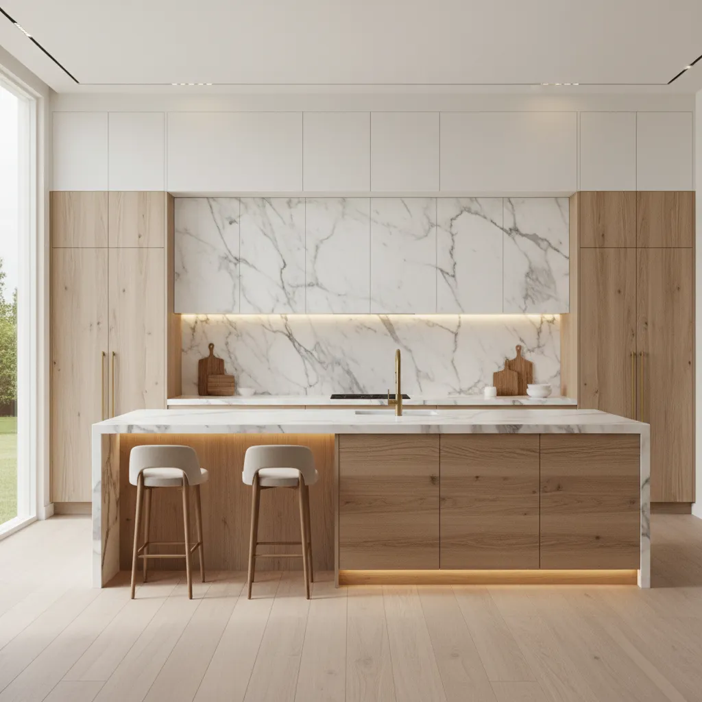 Kitchen combining white oak cabinets with dramatic marble backsplash and island