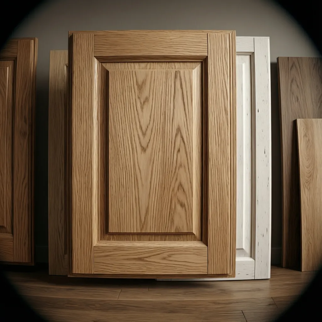 Kitchen cabinet samples showing white oak and birch wood finishes
