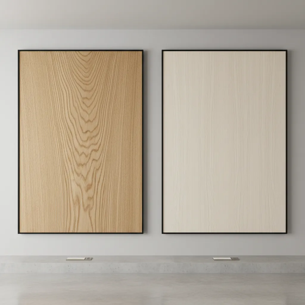 Side by side comparison of white oak and maple cabinet wood grain textures