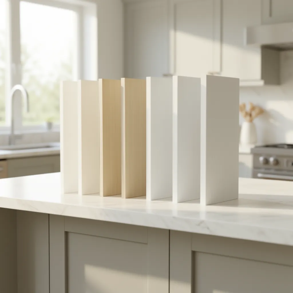 Cabinet doors showing warm white and cool white undertone comparison