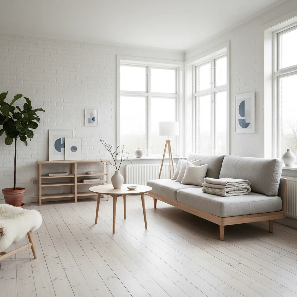 Pared de ladrillo pintado en blanco en un salón luminoso