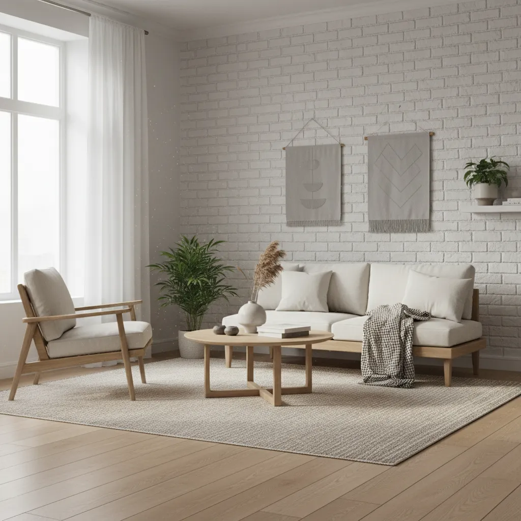 Pared de ladrillo pintado en blanco en un salón moderno