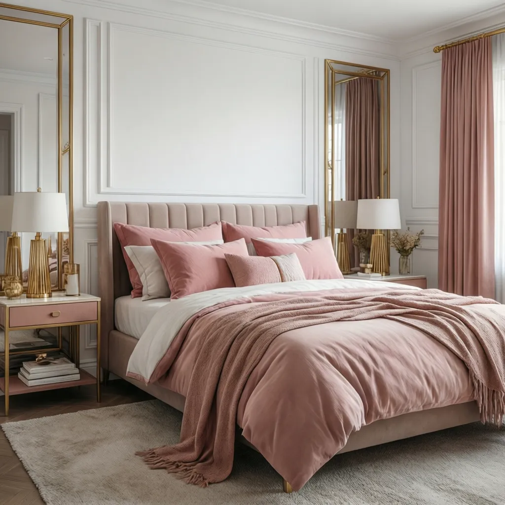 bedroom showing balanced white pink and gold color palette