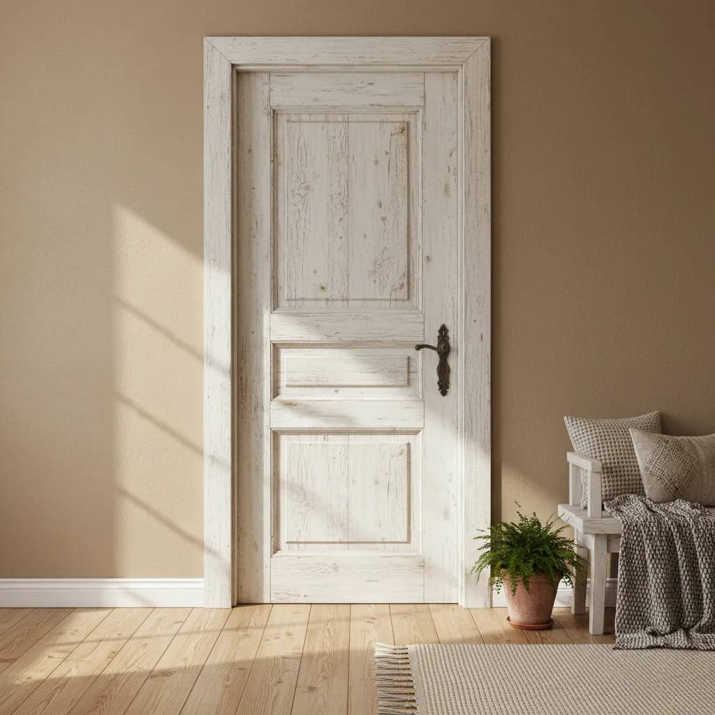 Puerta rústica blanca con cuarterones y textura de madera envejecida