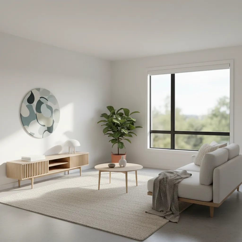 Interior blanco escandinavo con muebles simples y luz natural