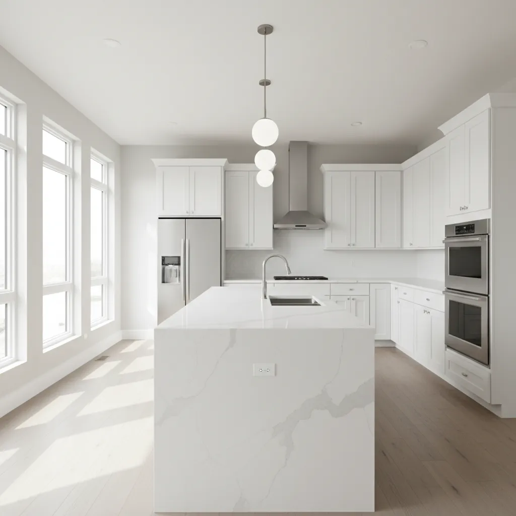 Bright modern kitchen with white shaker cabinet doors and large island