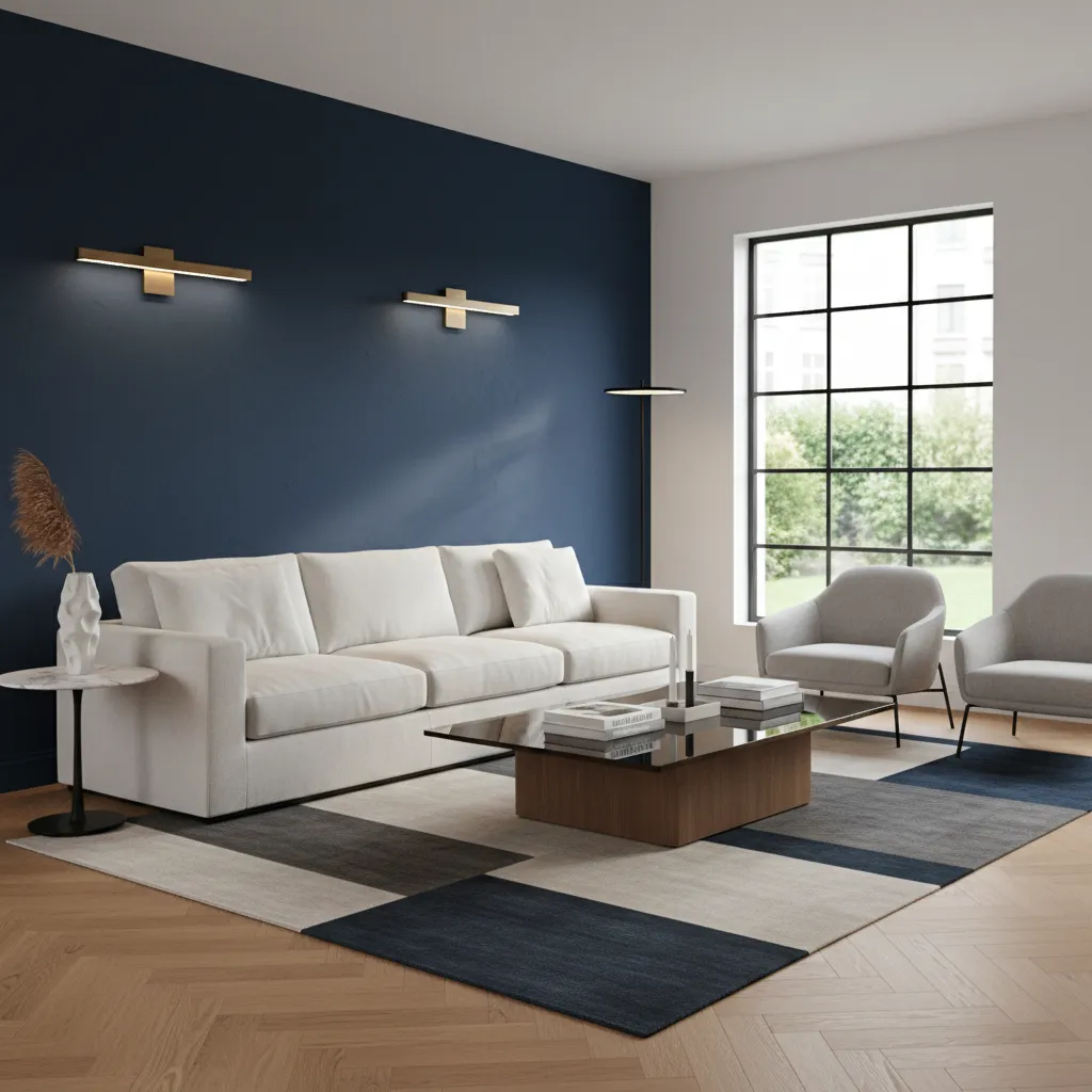 White sofa against dark navy wall creating contrast in modern living room
