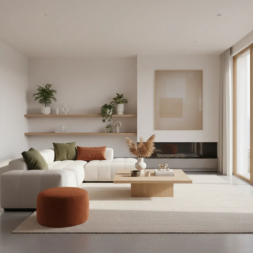 Modern living room with white sofa olive green and rust accent decor