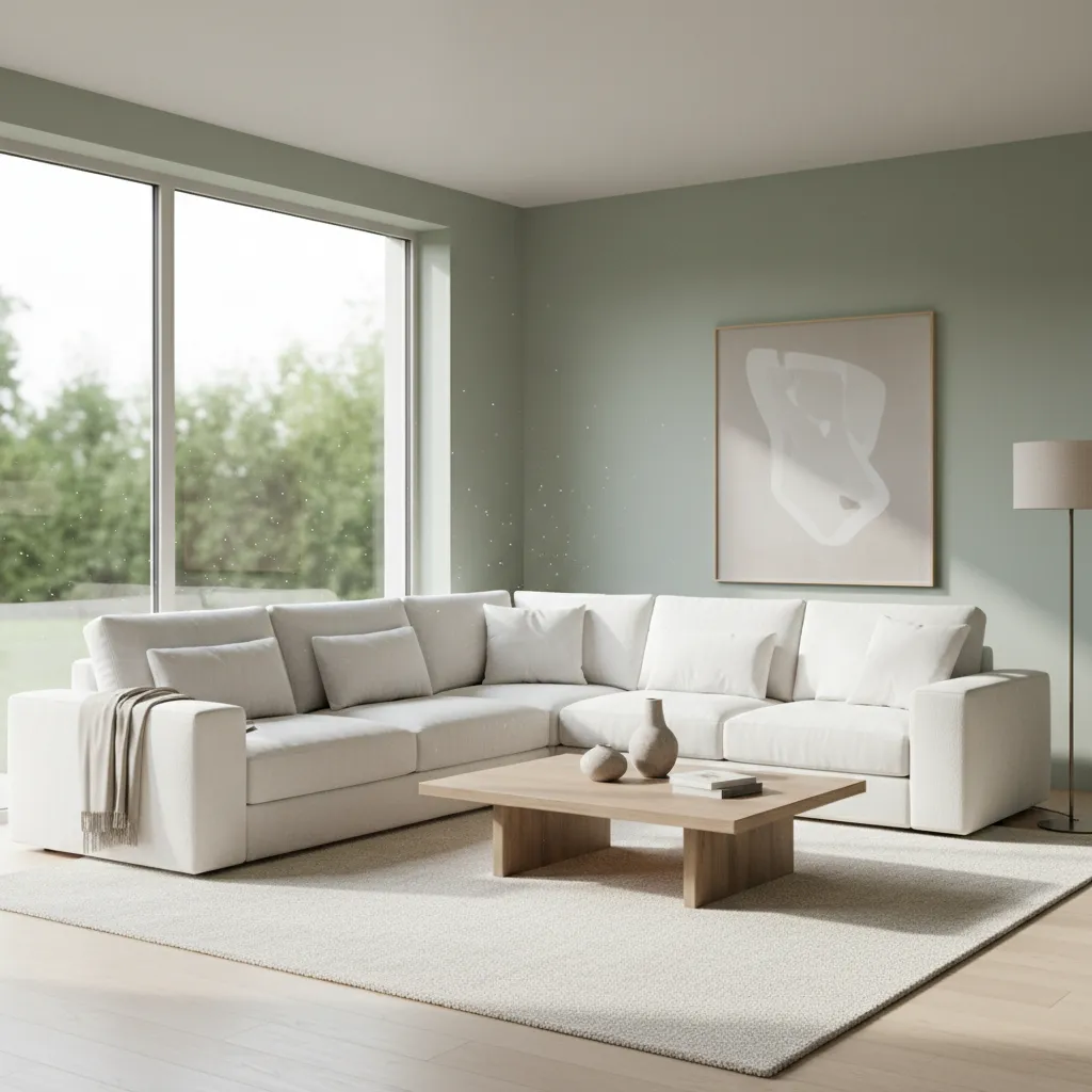Living room with white sofa showing calm neutral wall color palette