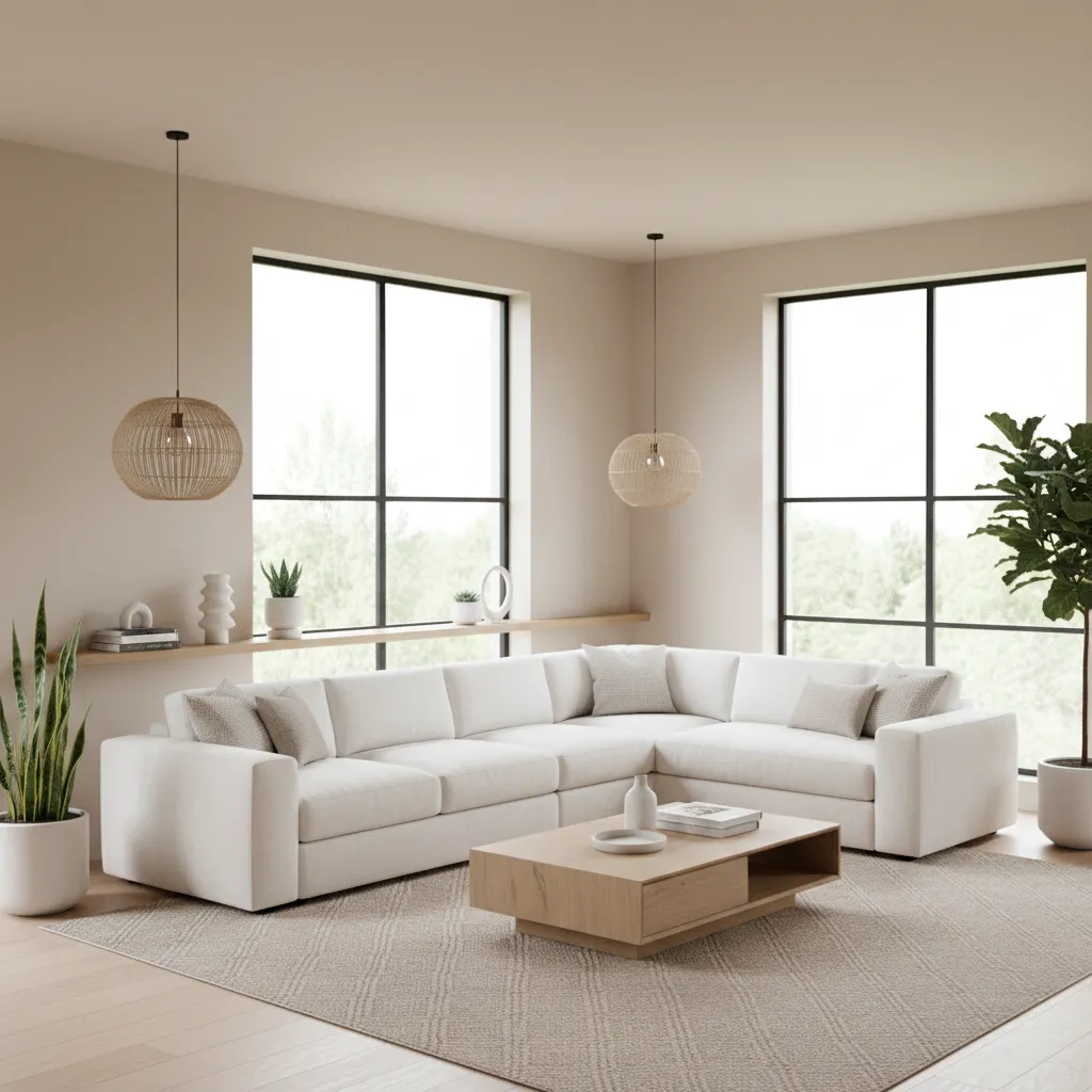 Bright living room with white sectional sofa and minimalist decor
