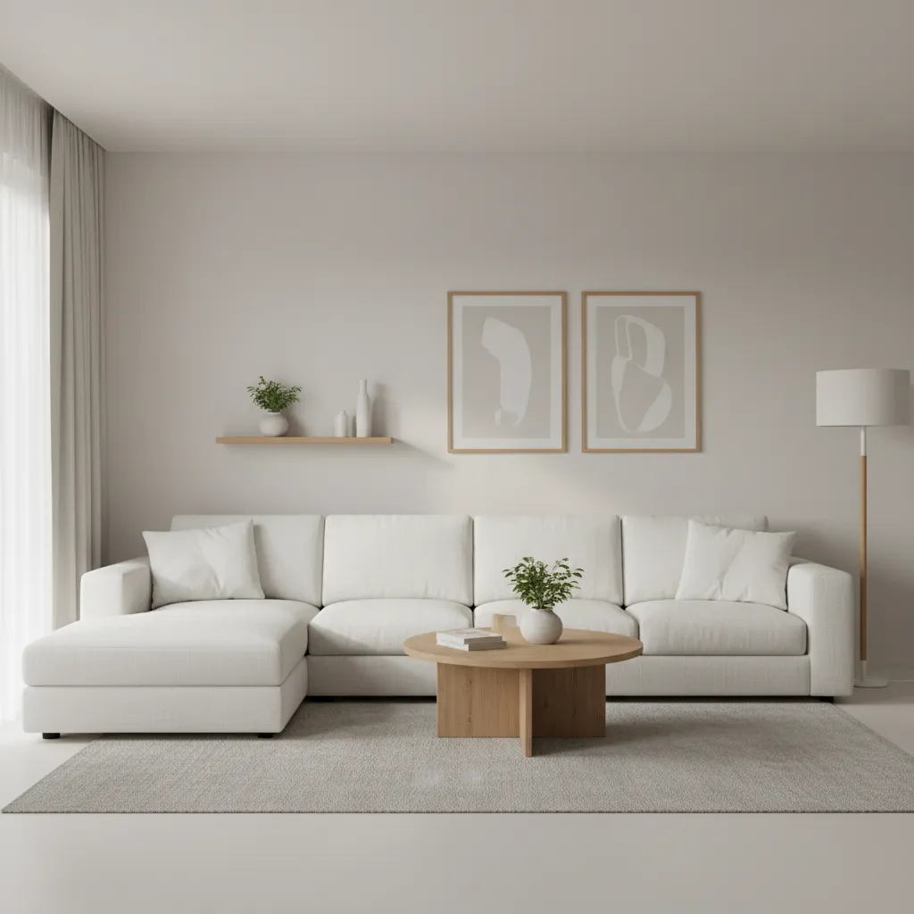 Living room with white sofa and neutral walls demonstrating color reflection