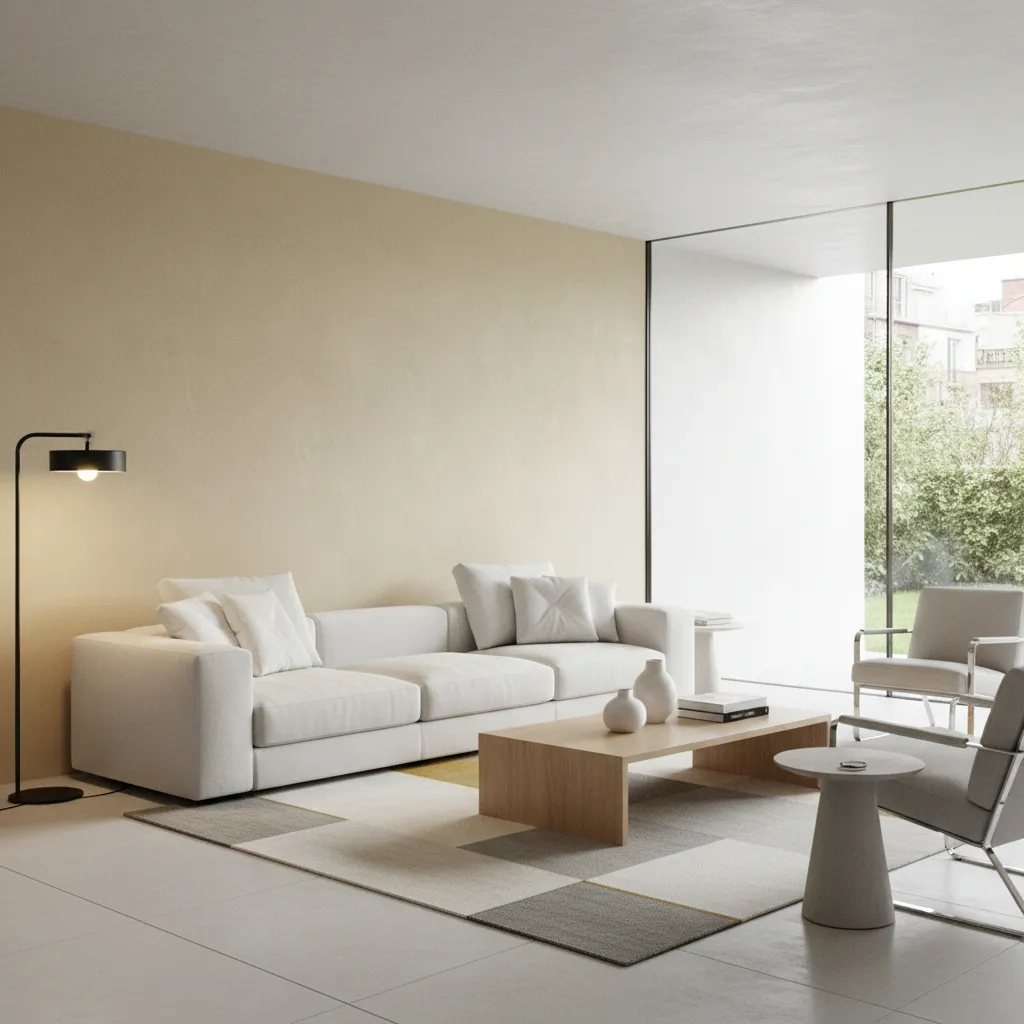 Living room where beige wall color clashes with white sofa