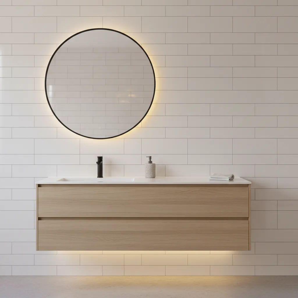 white subway tile bathroom wall in stacked layout with modern vanity