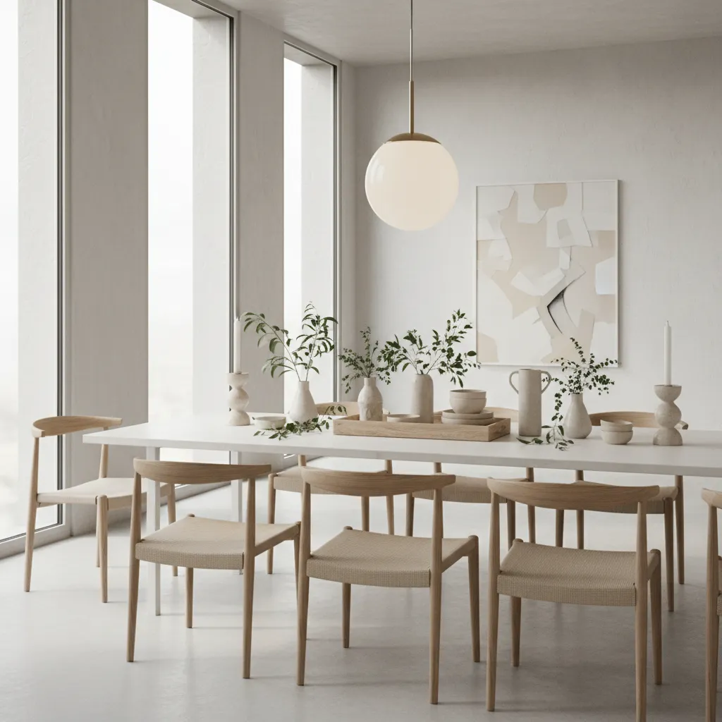 White dining table styled with neutral decor greenery and wooden tray