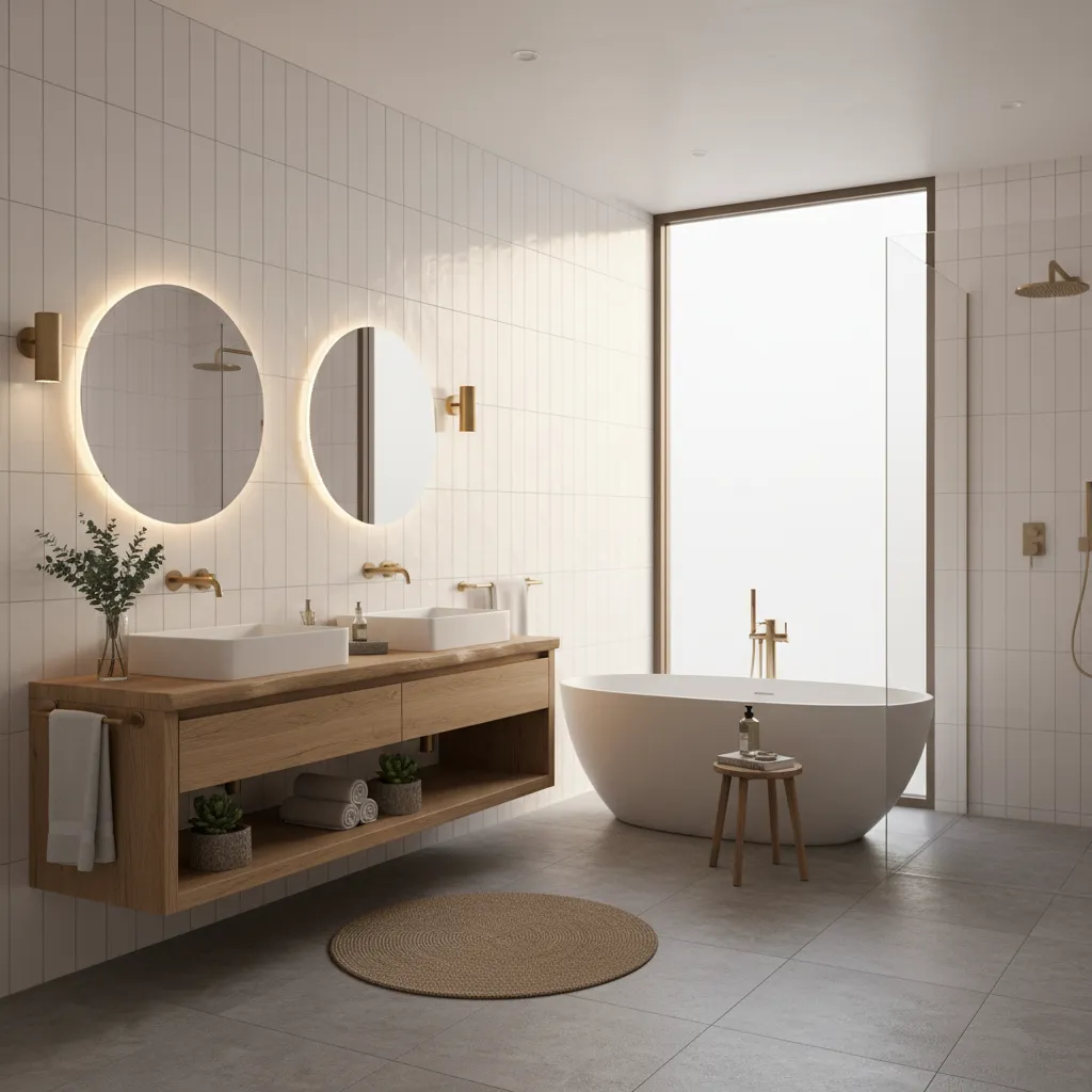 White bathroom tiles paired with warm wood vanity and brass fixtures