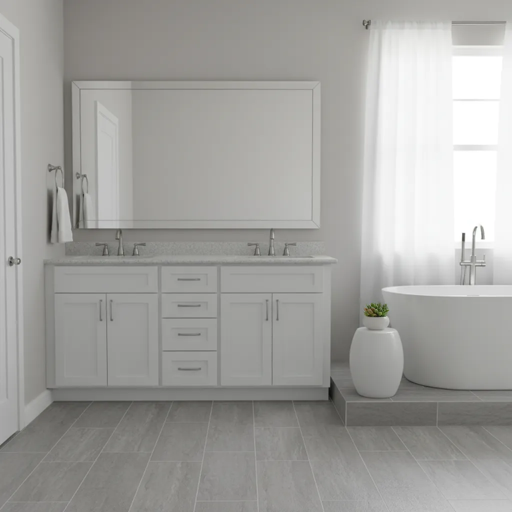 white bathroom vanity paired with modern gray floor tiles