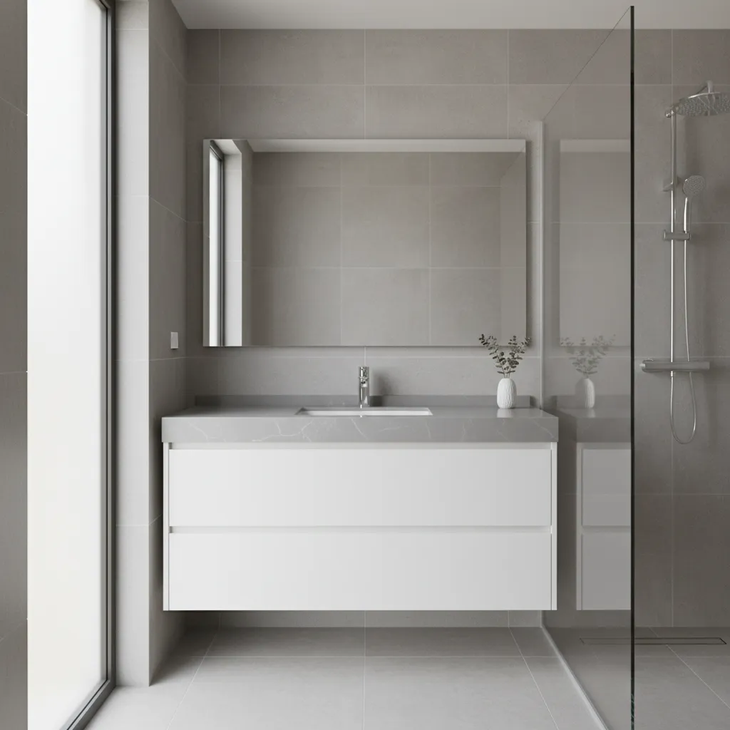 Bathroom with white vanity and cool gray tiles showing muted visual contrast