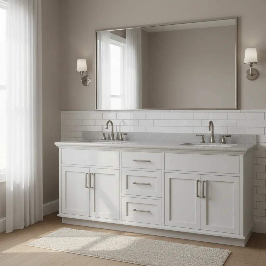 White bathroom vanity with classic subway tile backsplash