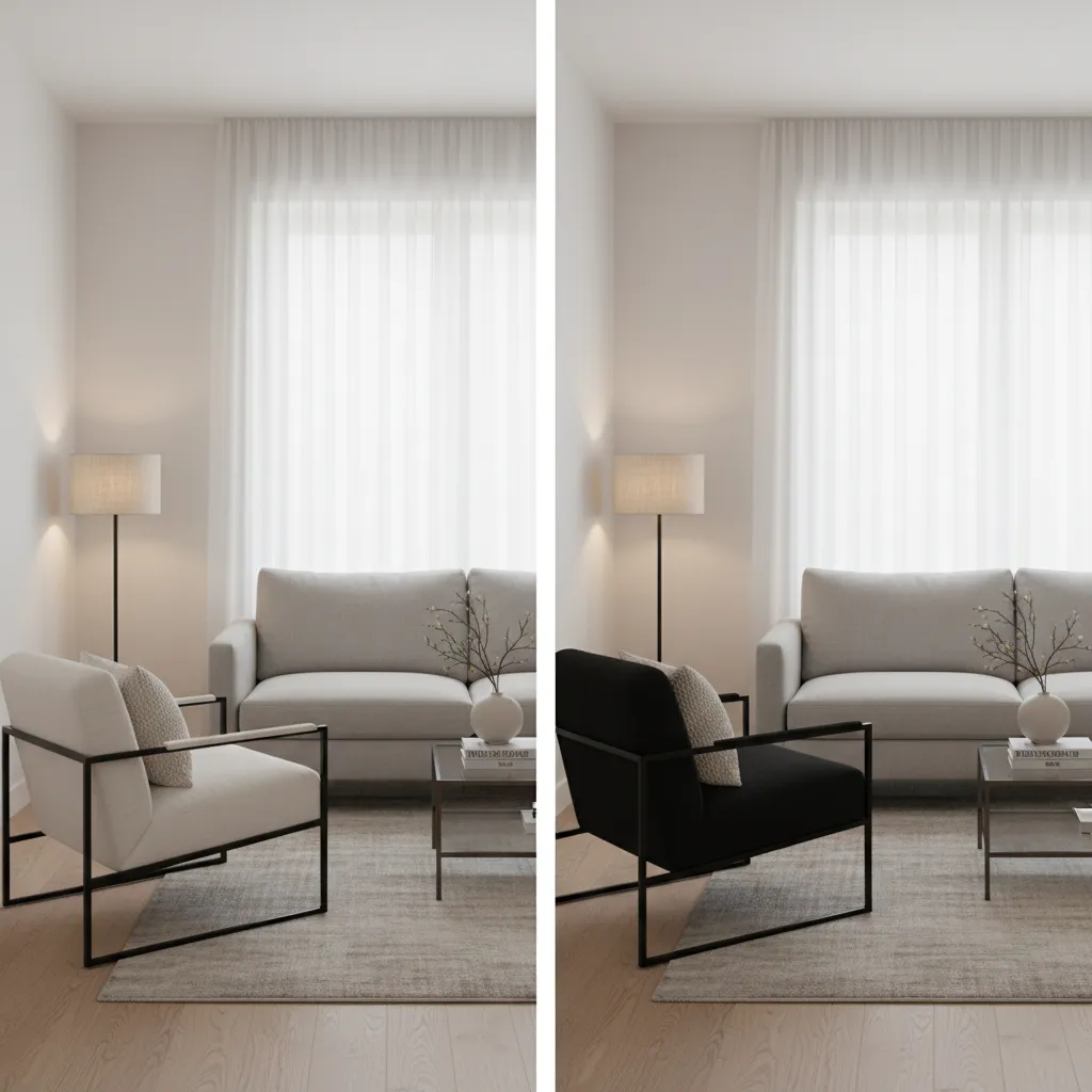 Comparison view showing white and black accent chairs in a small living room layout
