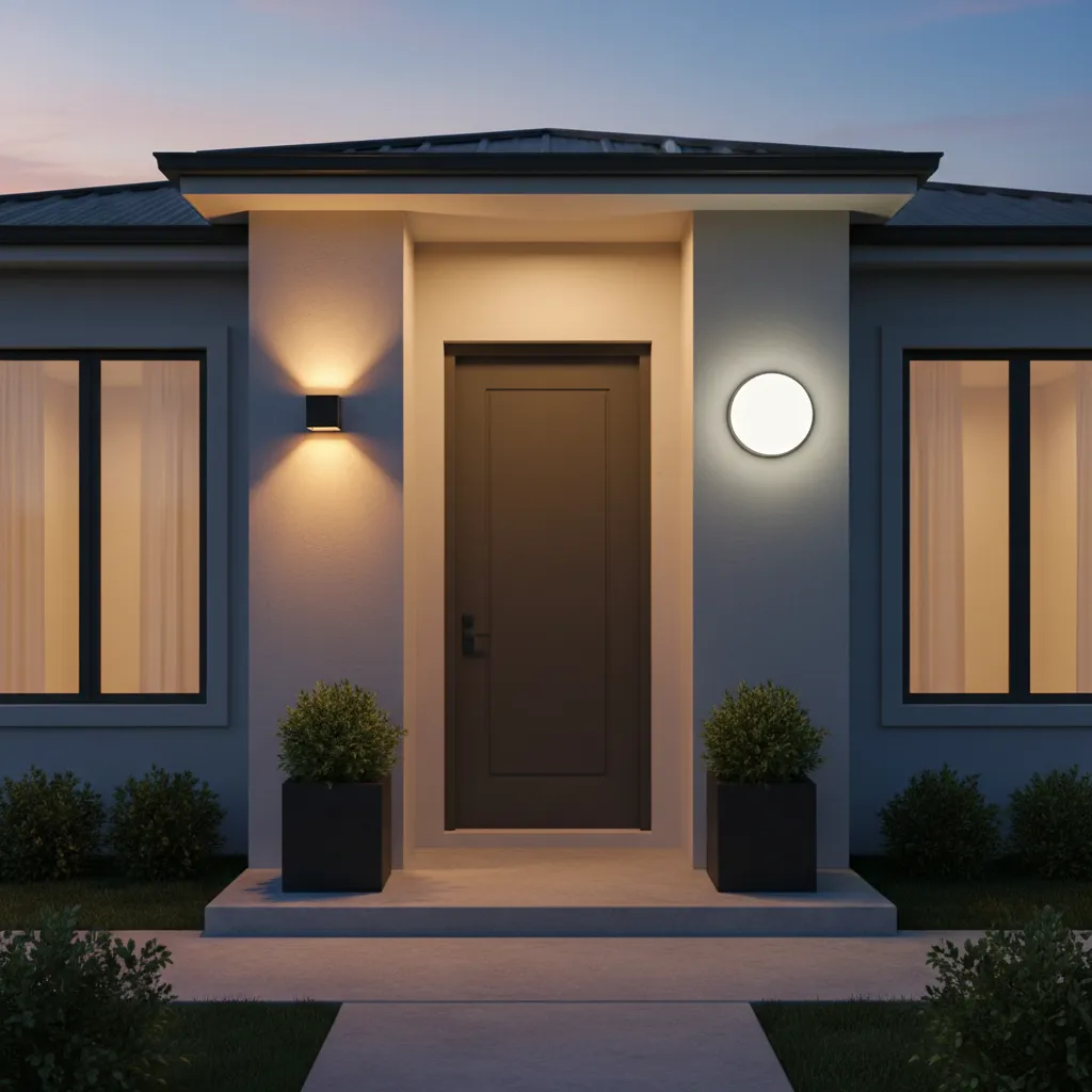 Modern house entrance showing warm square wall light and cool round wall light by dark door