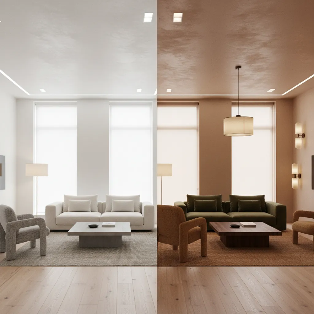 Comparación entre paredes blancas puras y tonos neutros cálidos