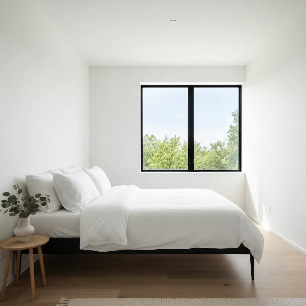 Bedroom with white walls and black furniture creating strong contrast