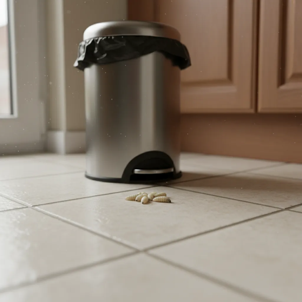 small white worm larvae on kitchen floor near trash bin