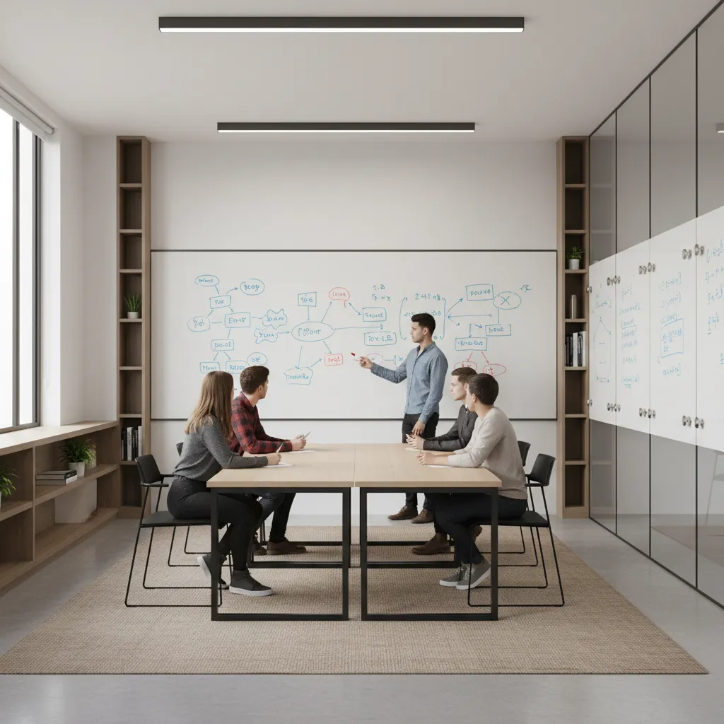 Large whiteboard wall used for brainstorming in group study room