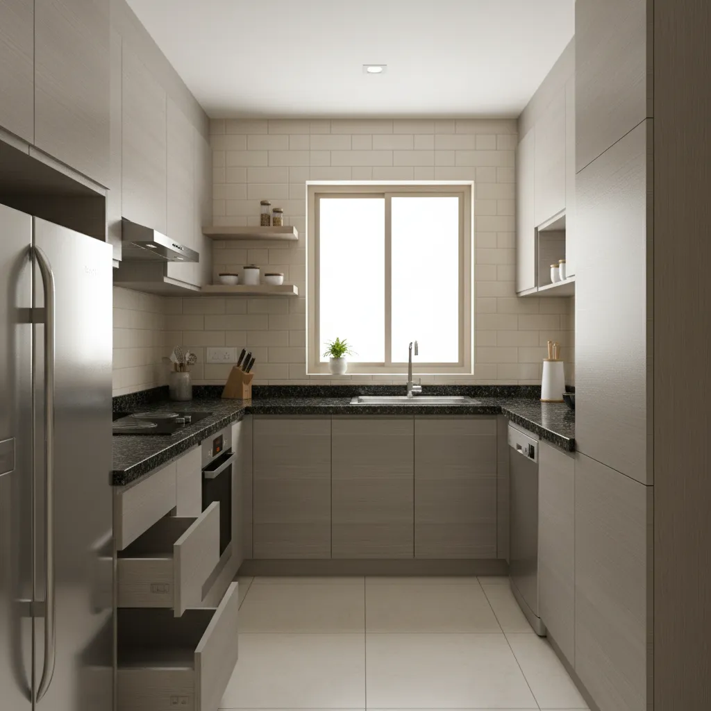 Compact apartment kitchen design typical in Whitefield 2 BHK homes