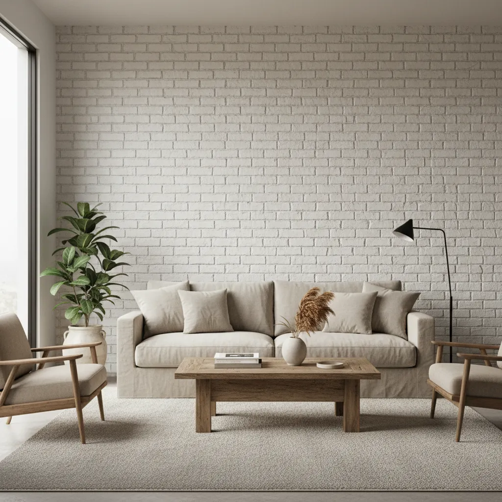 whitewashed brick wall in a cozy living room with natural light