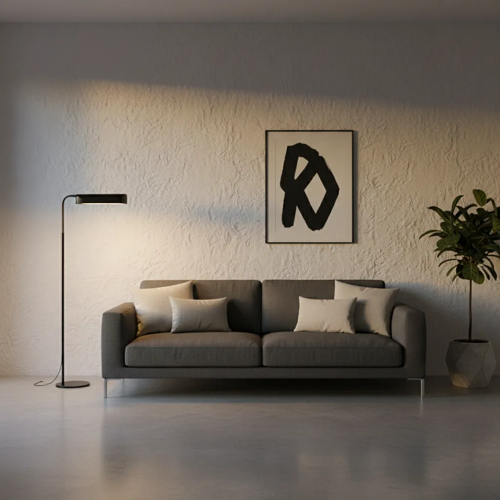 living room lighting highlighting whitewash wall texture