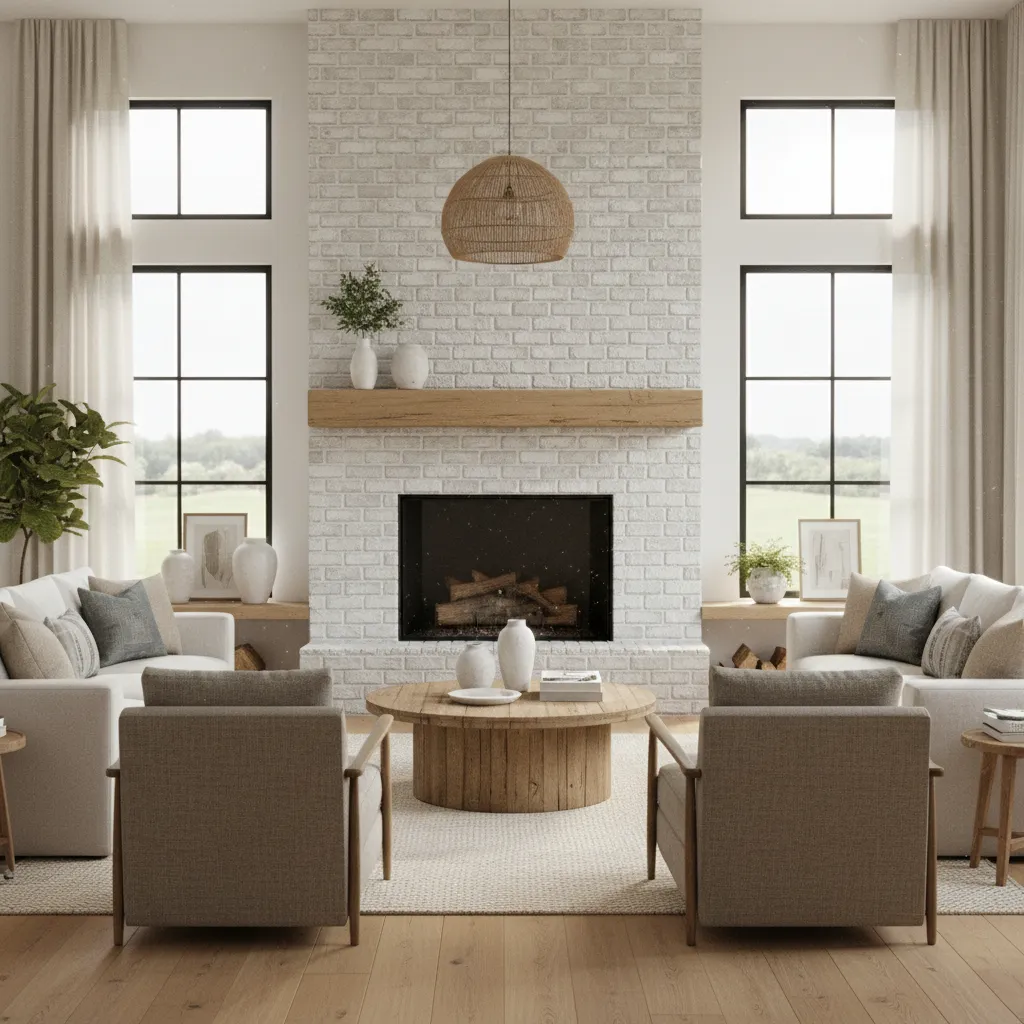 Living room with whitewashed brick fireplace and neutral decor