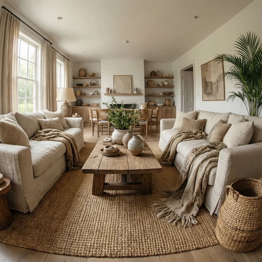 Layered textures including woven rug wood table and linen sofa in whitewashed living room
