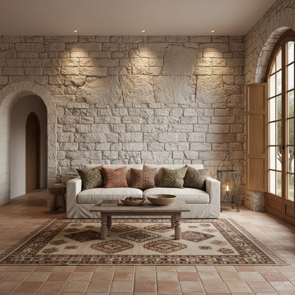Interior stone accent wall with light whitewash treatment in living room