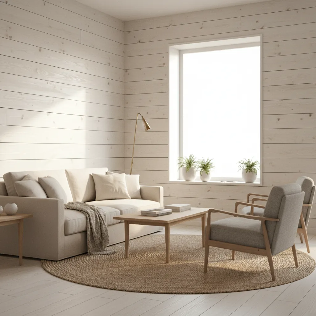 Natural light reflecting across whitewashed wood walls in a living room