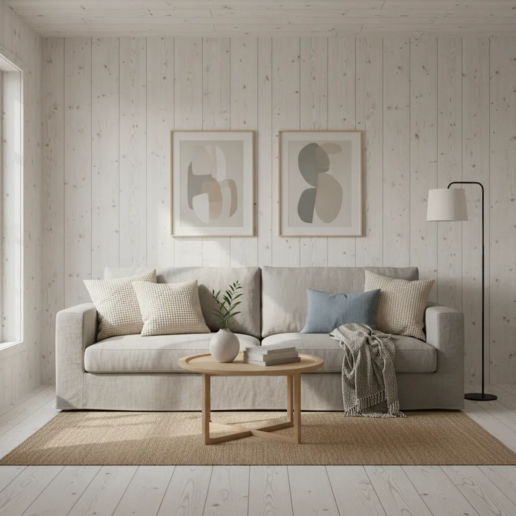 Living room wall made of whitewashed pine wood panels