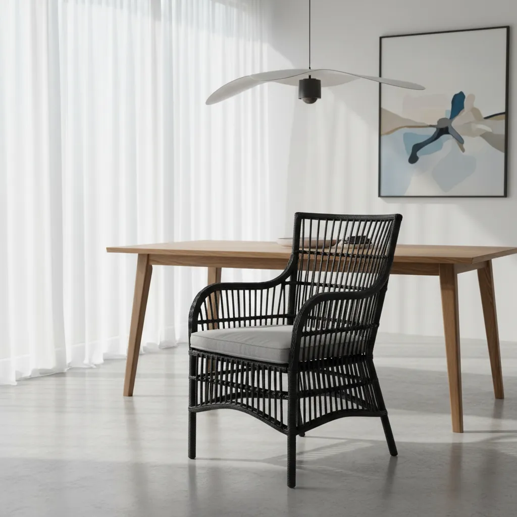 black wicker dining chair seat structure showing woven support and cushion