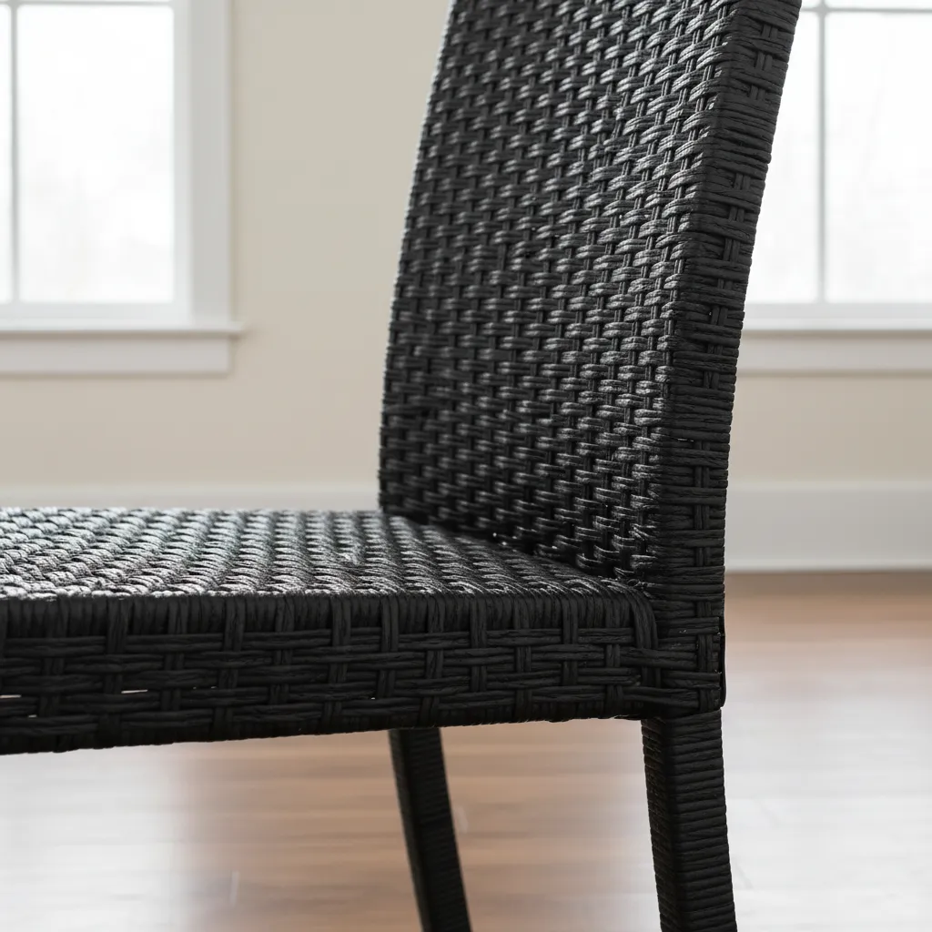 close view of black wicker dining chair showing loose woven seat strands