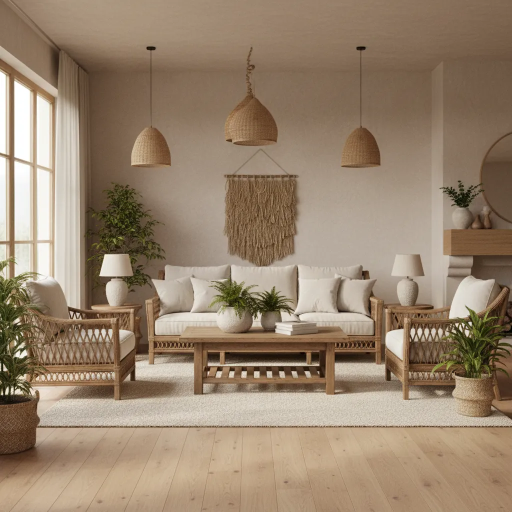 Wicker outdoor furniture arranged inside a cozy living room