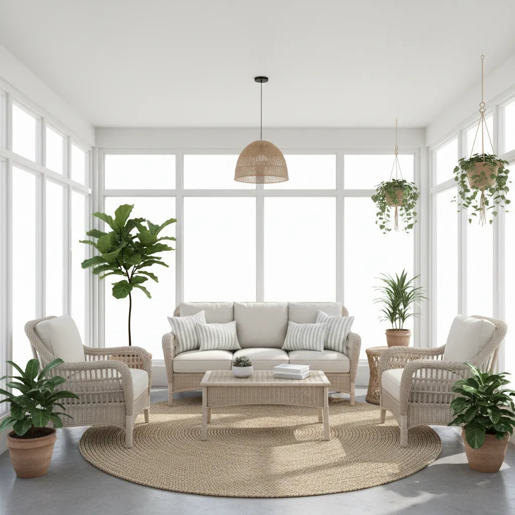 Wicker seating area styled inside a bright indoor sunroom