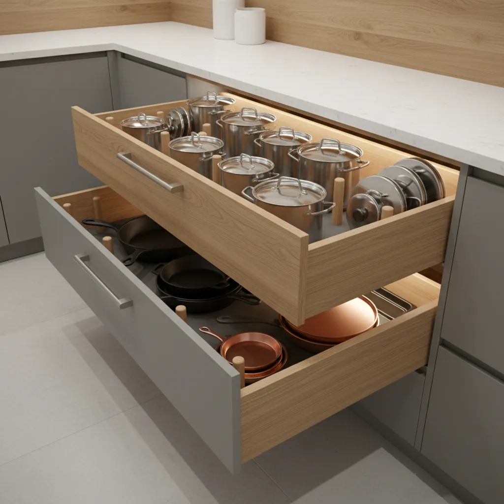 Wide base cabinet drawers storing pots and pans efficiently
