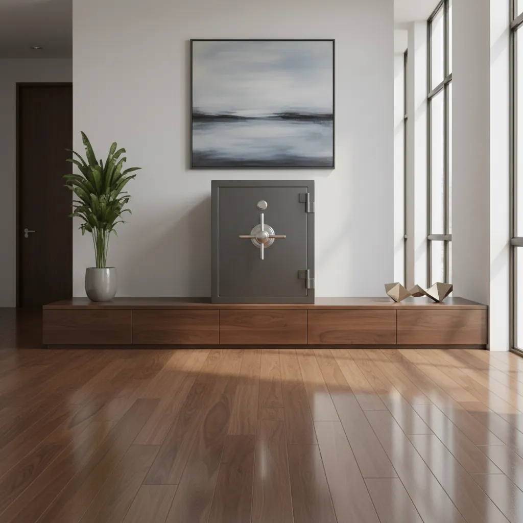 Heavy safe placed on wide cabinet base distributing weight across floor