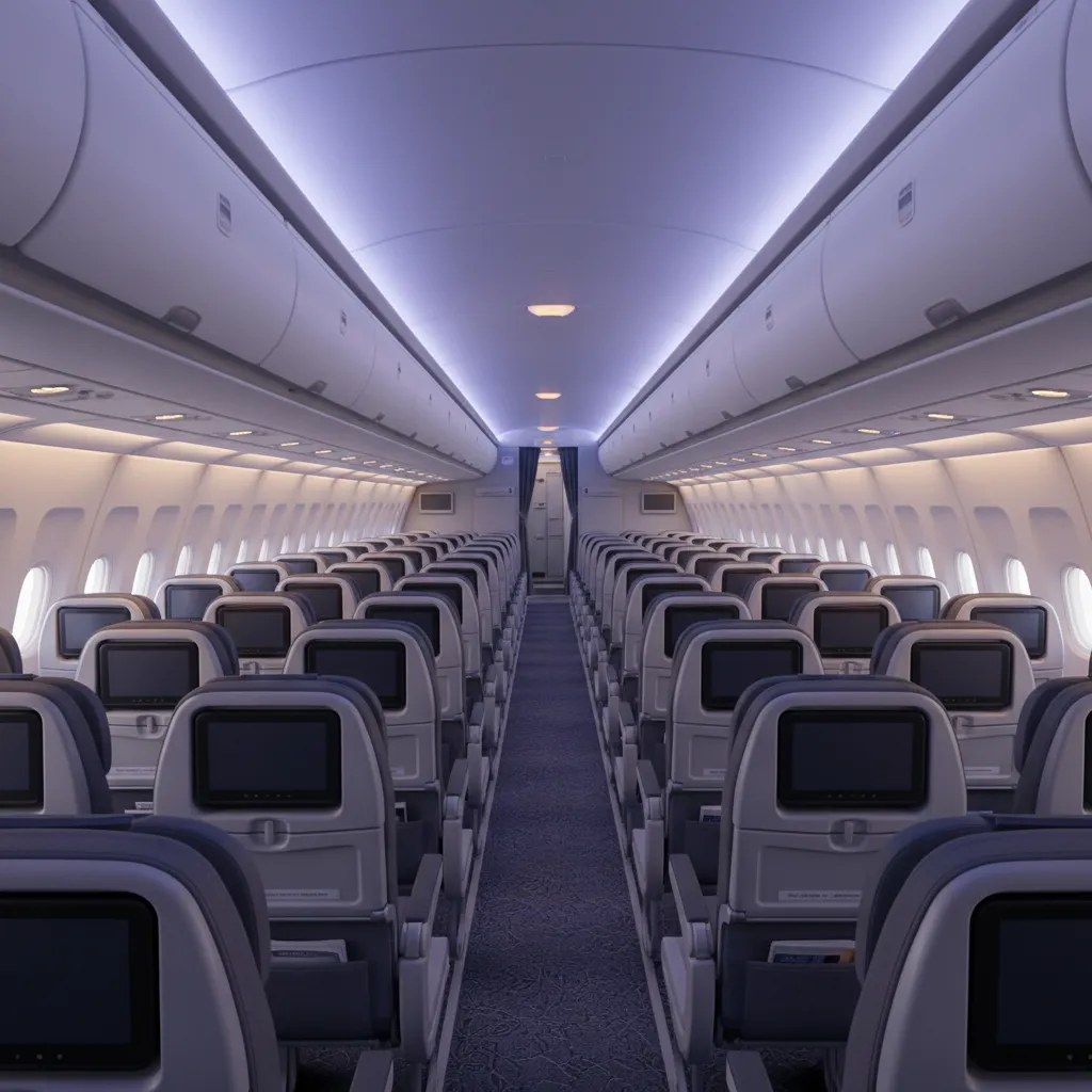 Wide body airplane cabin interior with dual aisles and large seating layout