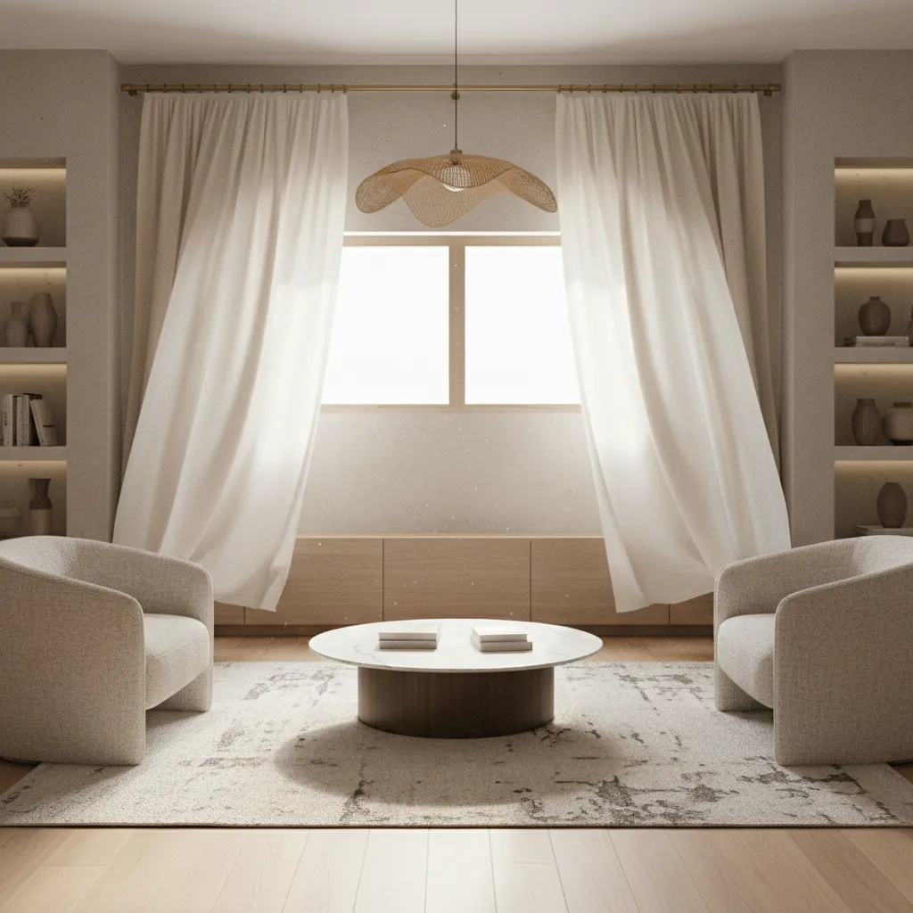 Curtains mounted high and wide to make a small living room window look larger