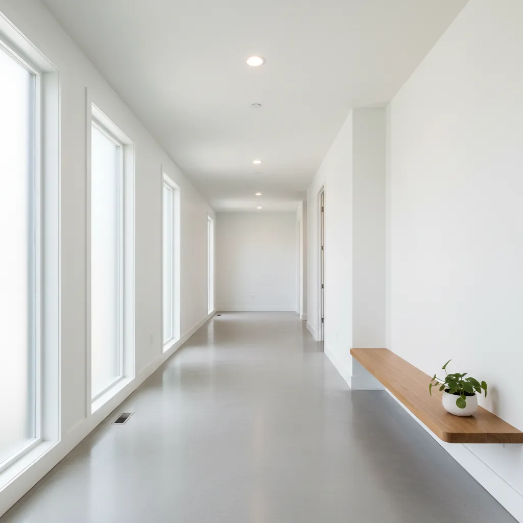 Wide hallway with smooth flooring designed for wheelchair and walker accessibility