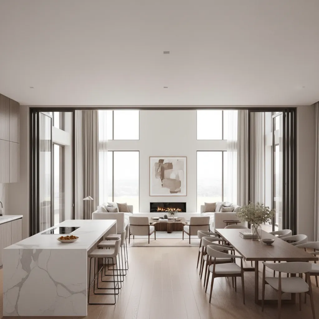 Wide sliding door opening between kitchen and living room in modern house